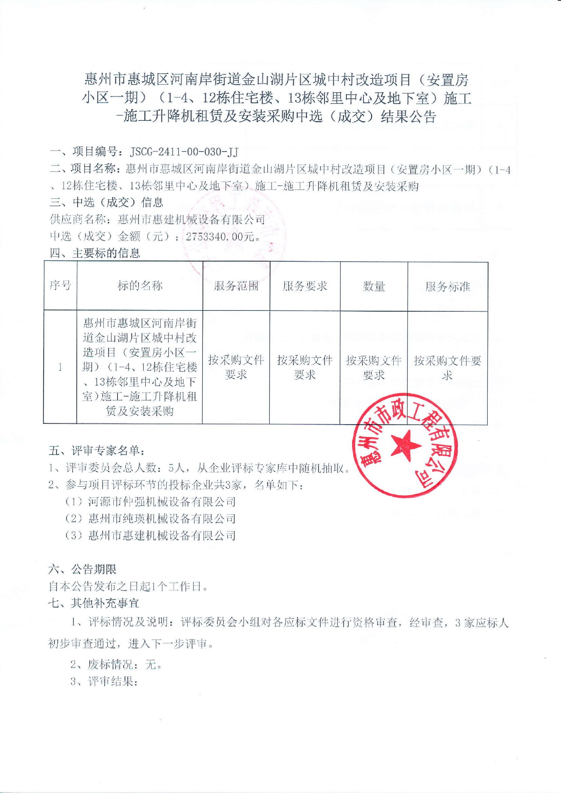 惠州市惠城區河南岸街道金山湖片區城中村改造項目（安置房小區一期）（1-4、12棟住宅樓、13棟鄰里中心及地下室）施工-施工升降機租賃及安裝采購中選（成交）結果公告