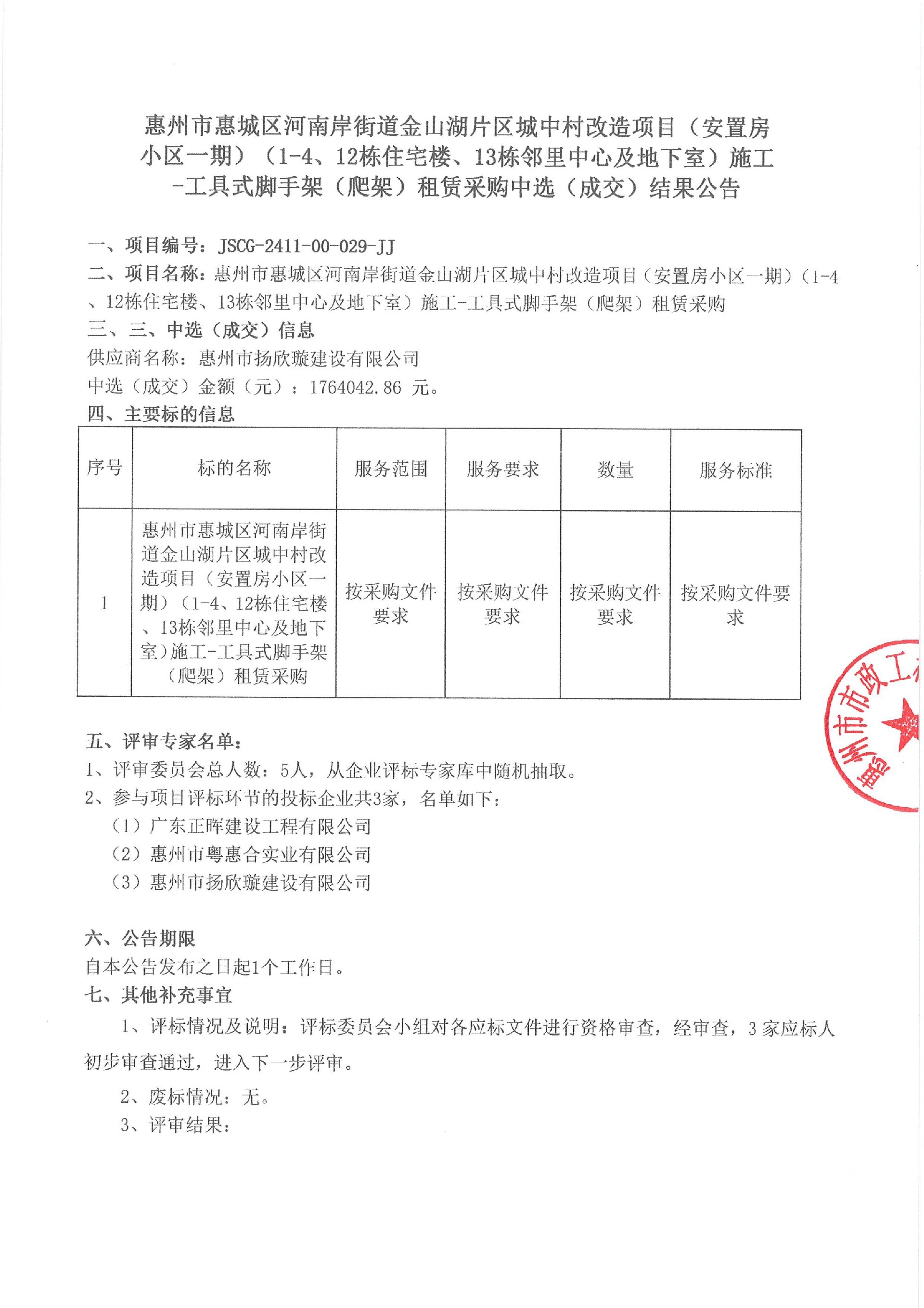 惠州市惠城區(qū)河南岸街道金山湖片區(qū)城中村改造項目（安置房小區(qū)一期）（1-4、12棟住宅樓、13棟鄰里中心及地下室）施工-工具式腳手架（爬架）租賃采購中選（成交）結(jié)果公告